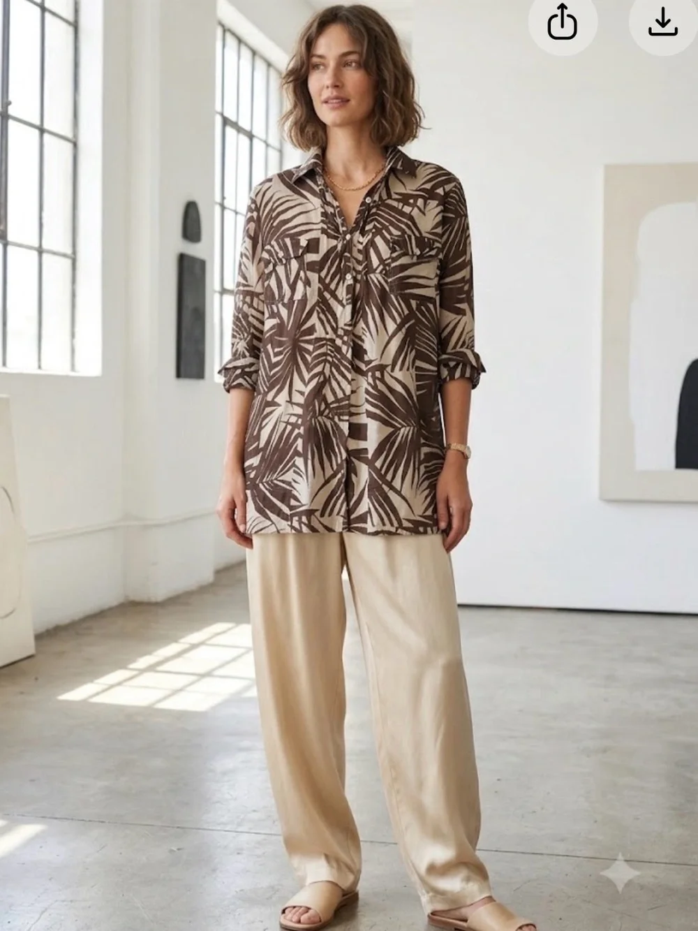 Max Mara Weekend Palm Print Cotton Tunic Top Sheer Brown Cream  Flap Pocket Sz 4
